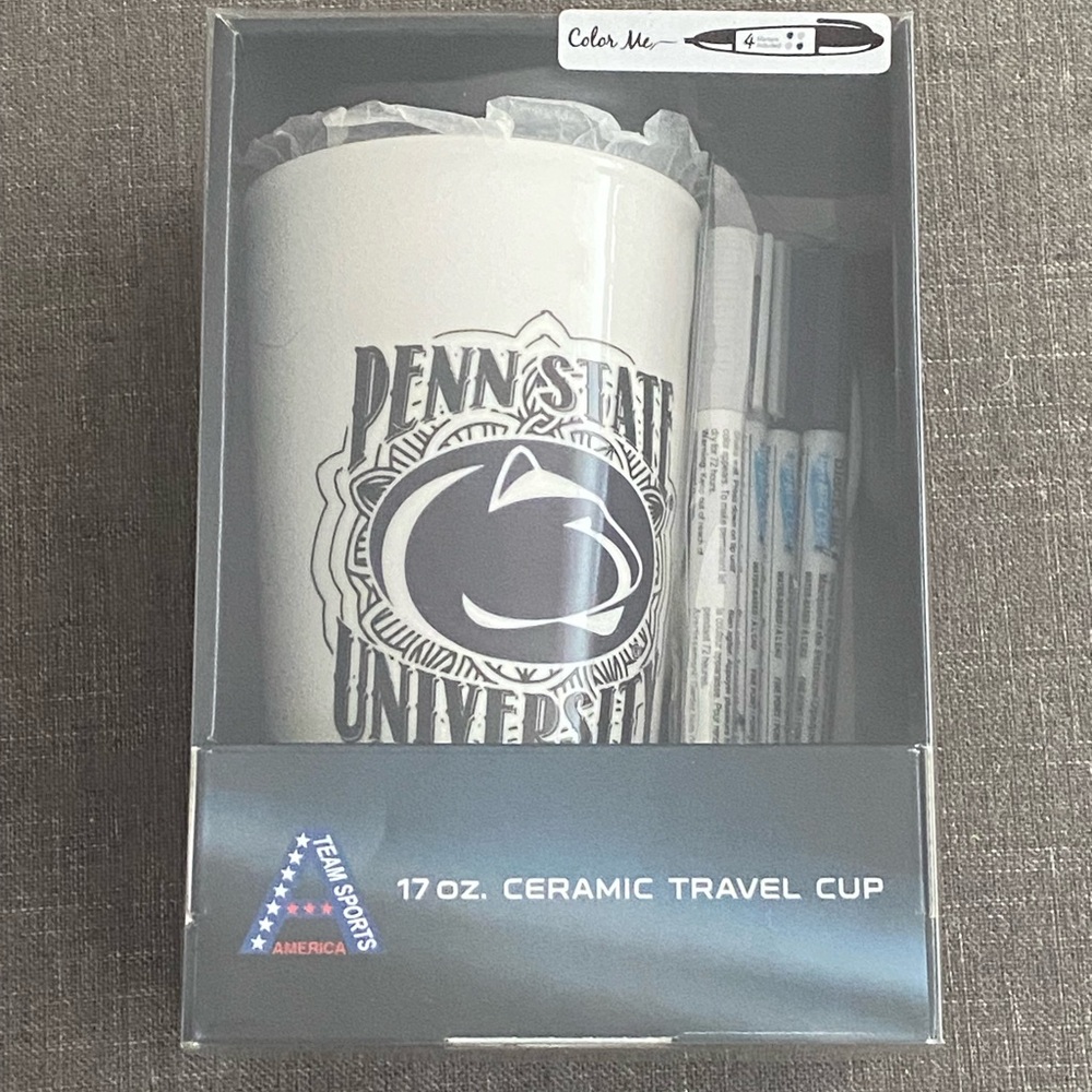 Penn State University Color Me Ceramic Travel Mug 17 oz w/ Markers NIB